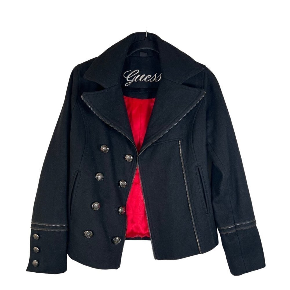 Guess Size XS Navy Wool Jacket DB Button Zip Cross between Moto Peacoat Military - Picture 4 of 16